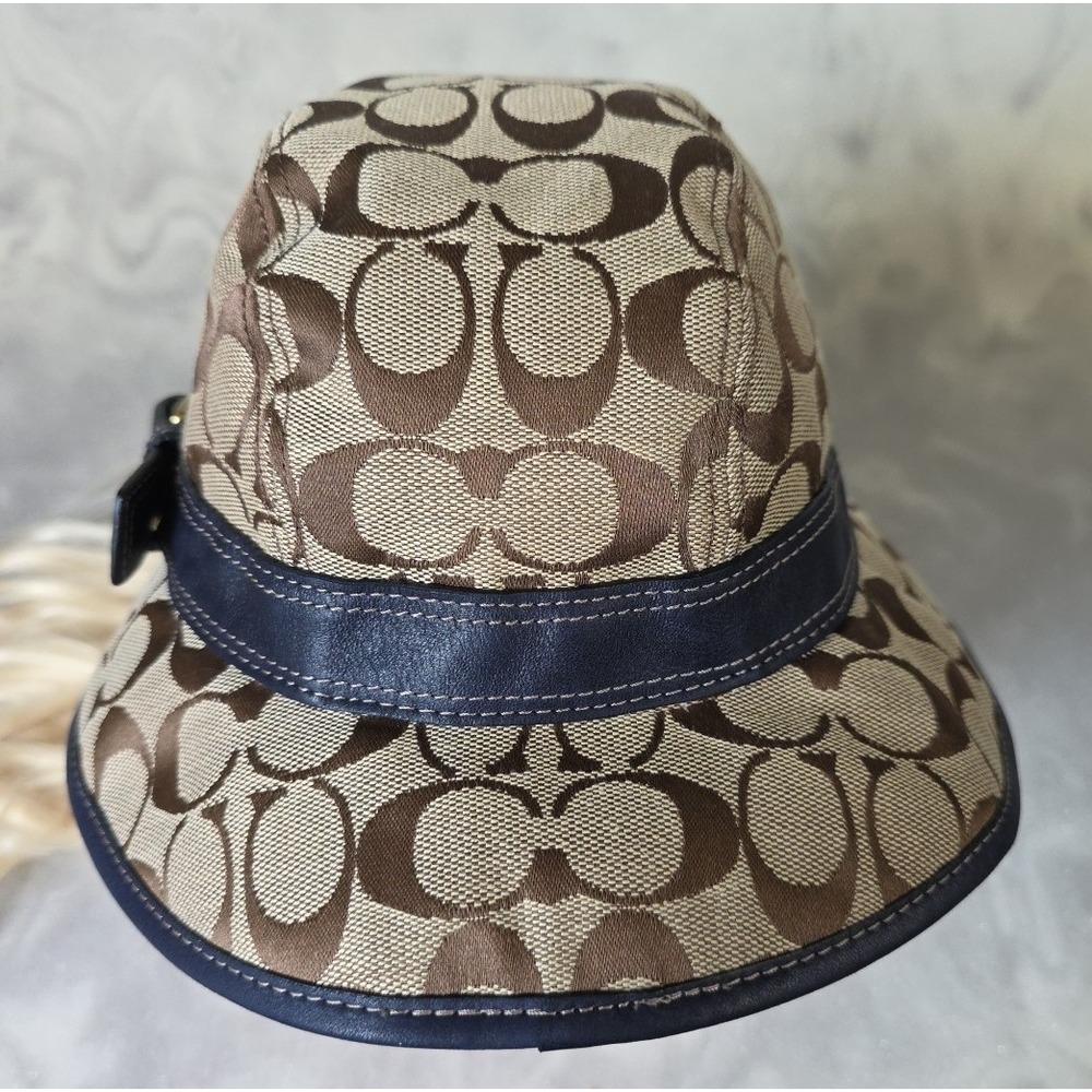 Coach Signature Jacquard Canvas Bucket Hat Brown Leather Band Size S/P - Picture 4 of 13